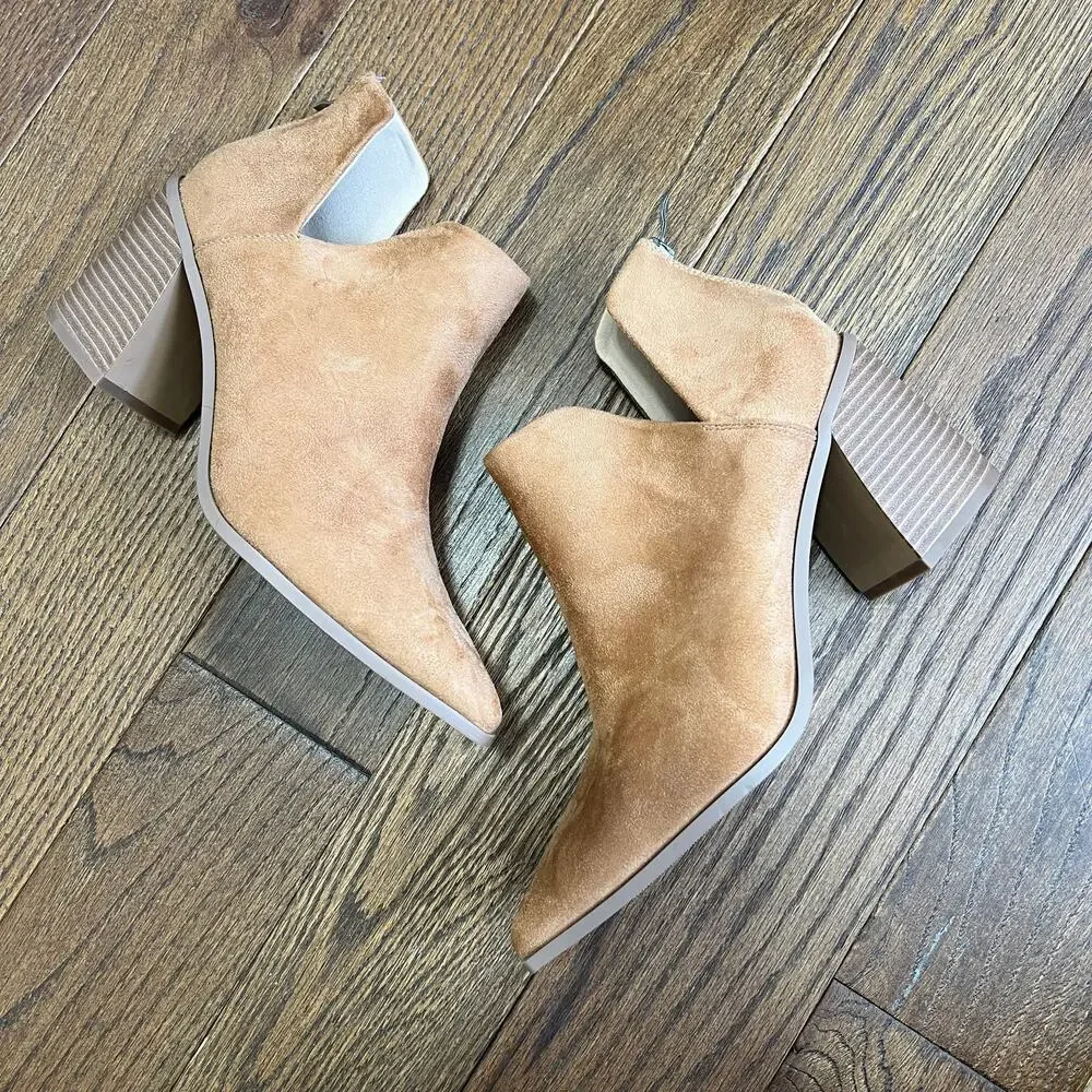 Amazon essencial Boots Pointed Toe Chunky Stacked Heeled Faux Suede Booties